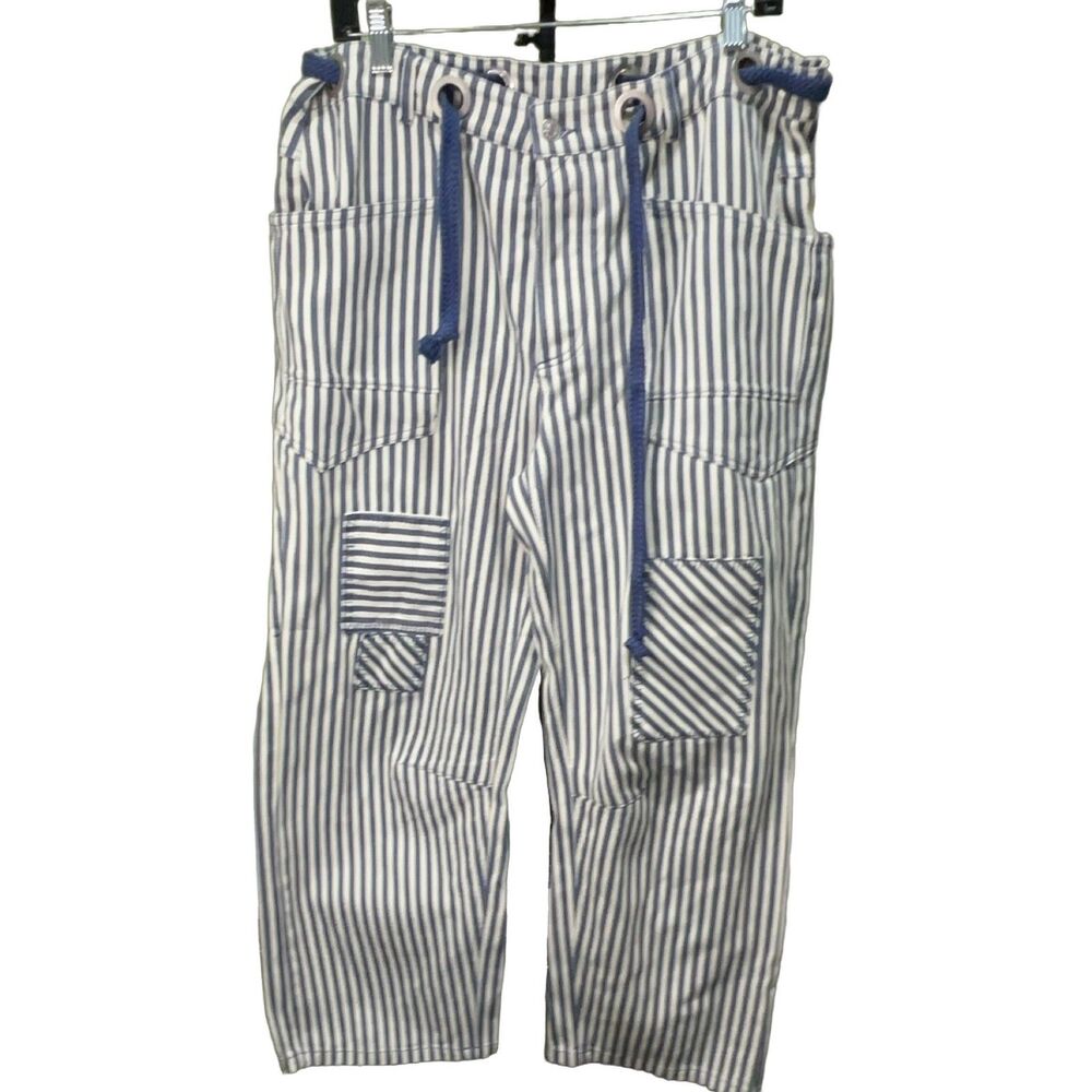 BiB! Striped Patchwork Barrel Pants Women L Blue Cotton Elastic Waist Drawstring